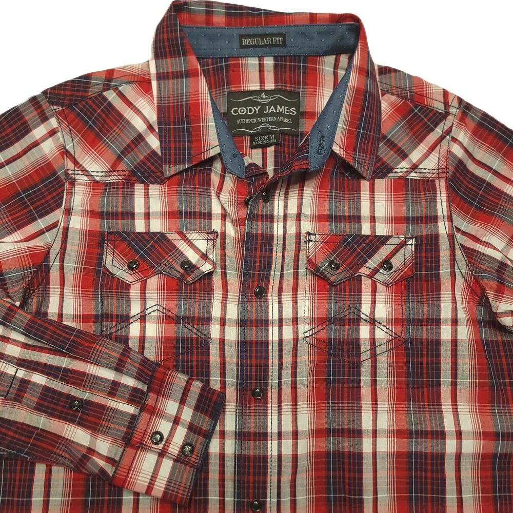 Cody James Mens M Shirt Pearl Snap Regular Fit Long Sleeve Red Plaid Western